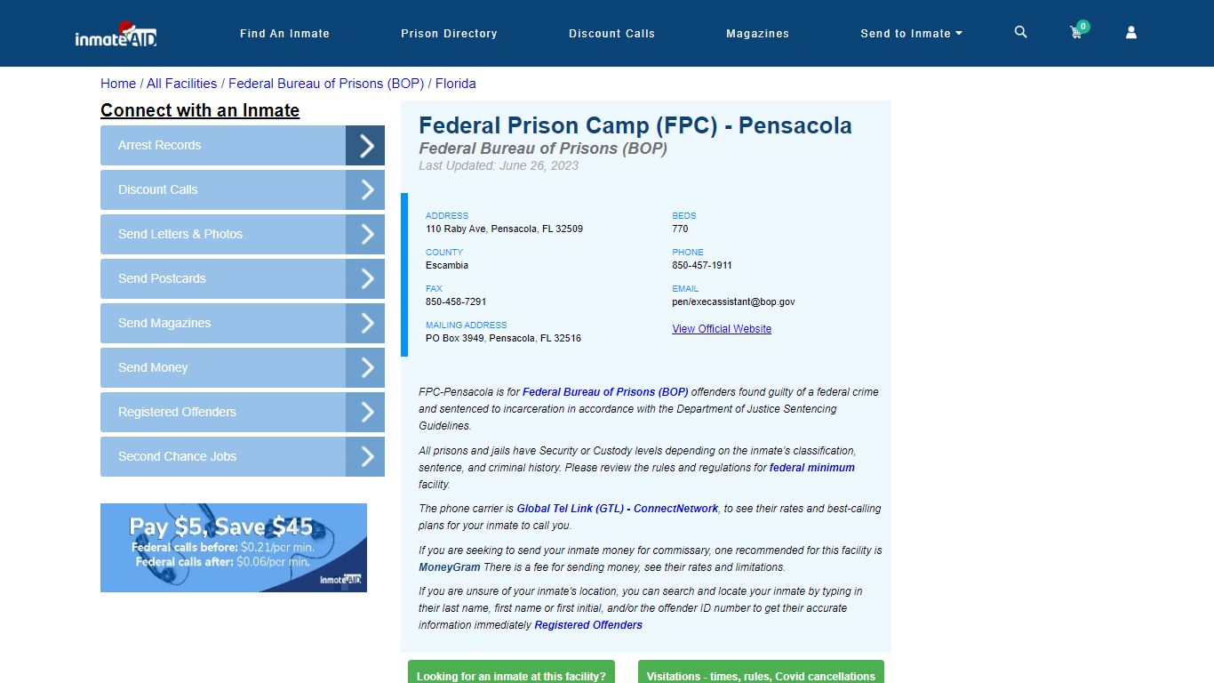 Federal Prison Camp (FPC) - Pensacola - Federal Inmate Locator - FL