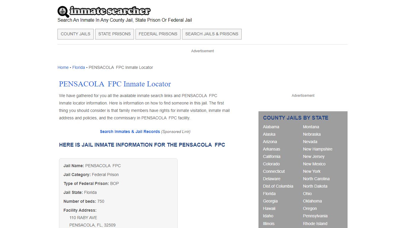 PENSACOLA FPC Inmate Locator - Inmate Searcher