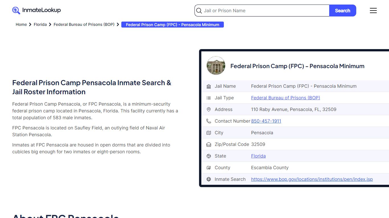 FPC Pensacola Inmate Search & Jail Roster Information